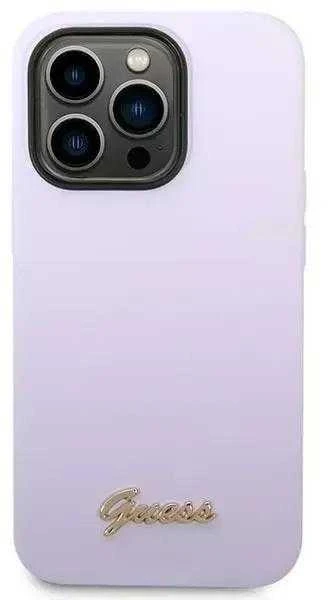 Guess GUHCP14LSLSMU Apple iPhone 14 Pro 6,1″ violetinės spalvos kietas dėklas Silicone Vintage Gold Logo