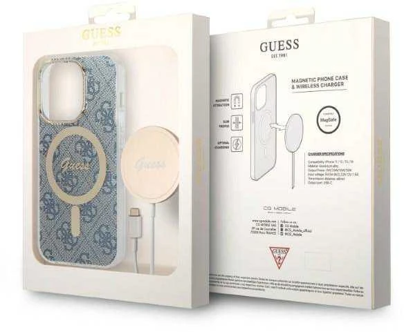 Guess Rinkinys GUBPP14XH4EACSB Dėklas+ Įkroviklis Apple iPhone 14 Pro Max 6,7″ mėlynas kietas dėklas 4G Print M