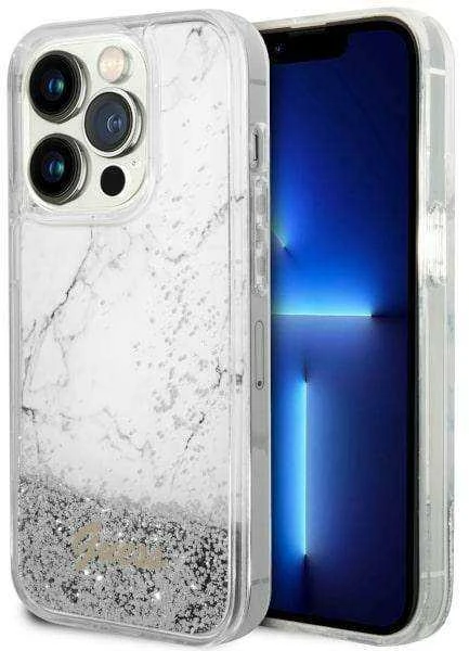 Guess GUHCP14XLCSGSGH Apple iPhone 14 Pro Max 6.7″ baltos spalvos kietas dėklas Liquid Glitter Marble