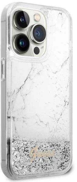 Guess GUHCP14XLCSGSGH Apple iPhone 14 Pro Max 6.7″ baltos spalvos kietas dėklas Liquid Glitter Marble