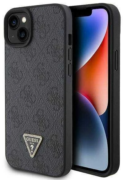 Guess PU 4G Strass Triangle Metal Logo dėklas skirtas Apple iPhone 15 juodos spalvos
