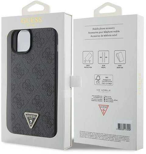 Guess PU 4G Strass Triangle Metal Logo dėklas skirtas Apple iPhone 15 juodos spalvos