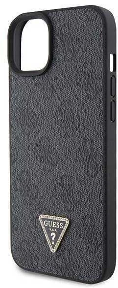 Guess PU 4G Strass Triangle Metal Logo dėklas skirtas Apple iPhone 15 juodos spalvos