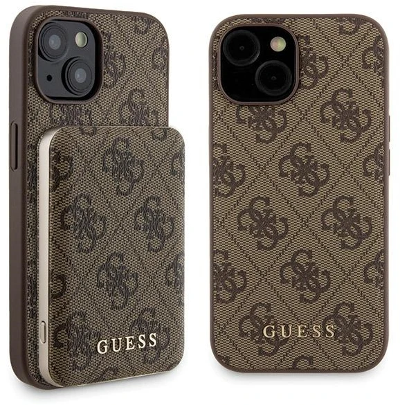 Rinkinys Guess GUBPM5P15S4GEMGW Apple iPhone 15 6.1" kietas dėklas + išorinė baterija 5000mAh MagSafe rudos spalvos 4G metalinis logotipas