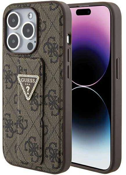 Guess GUHCP15SPGS4TDW Apple iPhone 15 / 14 / 13 6.1″ rudos spalvos kietas dėklas Grip Stand 4G Triangle Strass