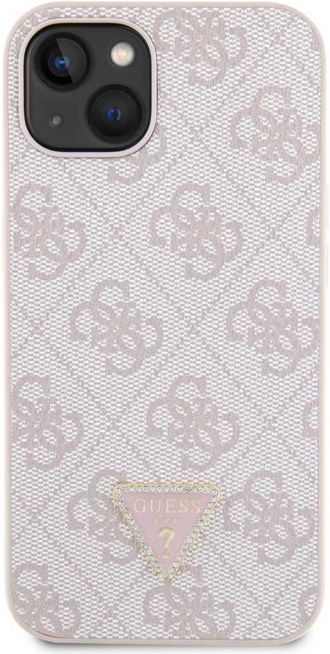 Guess PU 4G Strass Triangle Metal Logo dėklas skirtas Apple iPhone 15 rožinės spalvos