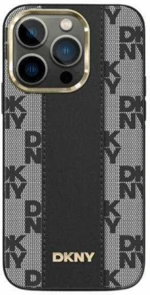 DKNY DKHMP15MPCPVSLK Apple iPhone 15 Plus 14 Plus 6.7″ juodos spalvos kietas dėklas Leather Checkered Mono Pattern Mag