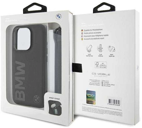 Dėklas BMW BMHCP15L23RMRLK Apple iPhone 15 Pro 6.1″ juodos spalvos kietas dėklas Signature Leather Wordmark Cord