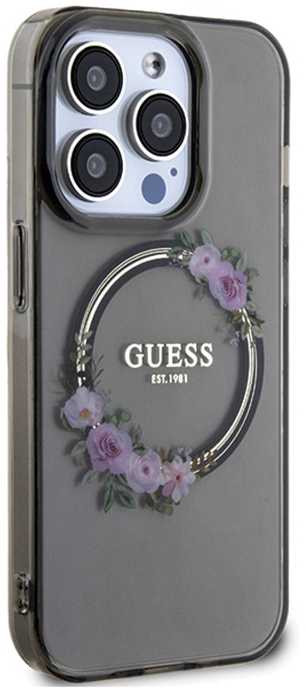 Guess IML Flowers Wreath MagSafe - dėklas skirtas Apple iPhone 15 Pro Juodas