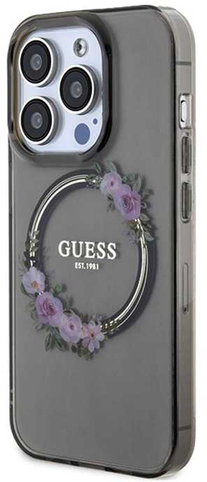 Guess IML Flowers Wreath MagSafe - dėklas skirtas Apple iPhone 15 Pro Juodas