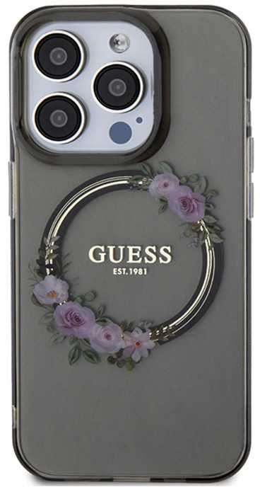 Guess IML Flowers Wreath MagSafe - dėklas skirtas Apple iPhone 15 Pro Juodas