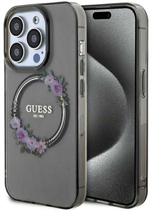 Guess IML Flowers Wreath MagSafe - dėklas skirtas Apple iPhone 15 Pro Juodas