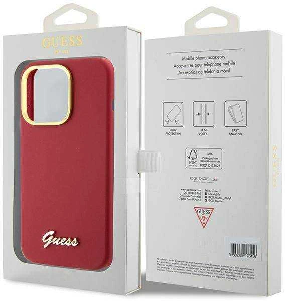 Apple iPhone 15 Pro Guess dėklas Silicone Script Metal Logo & Frame (GUHCP15LSMBSLM) raudonos spalvos