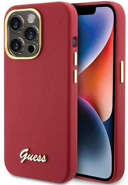 Apple iPhone 15 Pro Guess dėklas Silicone Script Metal Logo & Frame (GUHCP15LSMBSLM) raudonos spalvos