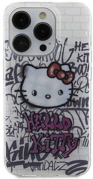 Hello Kitty HKHCP15LHDGPHT Apple iPhone 15 Pro 6.1″ baltos spalvos kietas dėklas IML Kitty On Bricks Graffiti