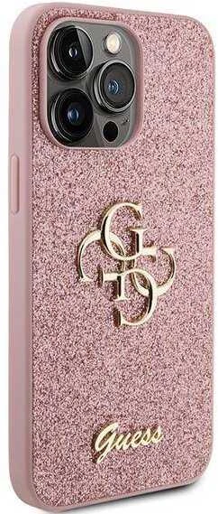Guess PU Fixed Glitter 4G Metal Logo dėklas skirtas Apple iPhone 15 Pro Max rožinės spalvos
