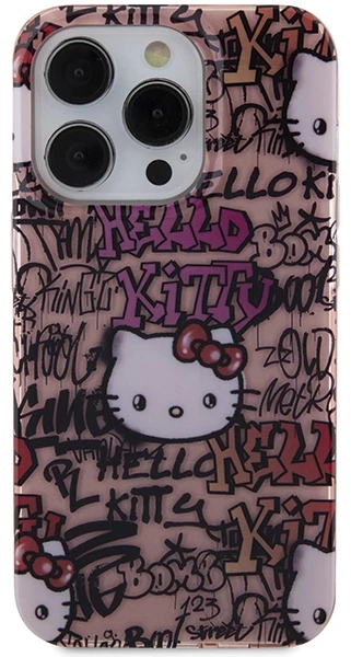 Hello Kitty HKHCP15XHDGPTP iPhone 15 Pro Max 6.7″ rožinės spalvos kietas dėklas IML Tags Graffiti