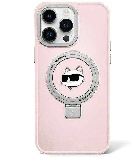 Karl Lagerfeld KLHMP15XHMRSCHP Apple iPhone 15 Pro Max 6.7″ rožinės spalvos kietas dėklas Ring Stand Choupette Head