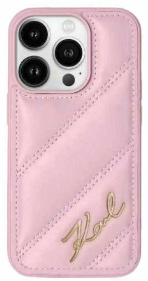 Karl Lagerfeld KLHCP15XPQDSMGP Apple iPhone 15 Pro Max 6.7″ rožinės spalvos kietas dėklas Diagonal Quilted Script