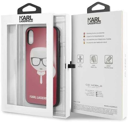 Karl Lagerfeld dėklas iPhone X / XS KLHCPXDLHRE raudonas kietas dėklas Iconic Iconic Glitter Karlo galva
