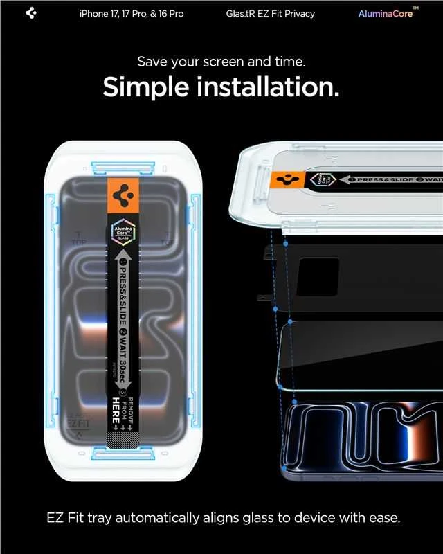 Apsauginis stiklas Apple iPhone 16 Pro / 17 / 17 Pro Spigen Glas.tr „EZ Fit” Privacy 2-pack