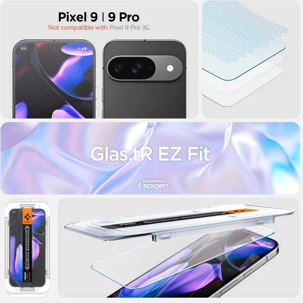 Apsauginis stiklas Google Pixel 9 / 9 Pro Spigen Glas.tr „EZ Fit” 2 vnt. Clear