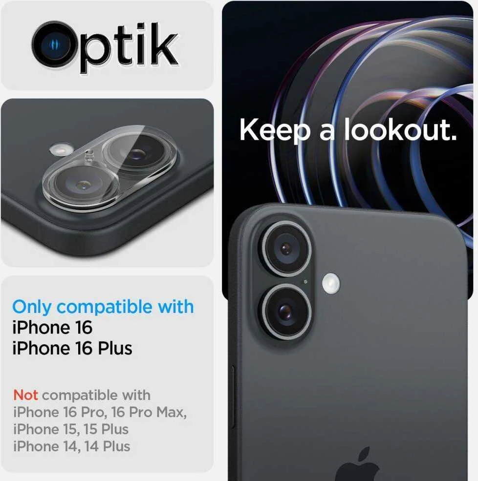 Apsauginis stiklas kamerai Apple iPhone 16 / Apple iPhone 16 Plus Spigen Optik Glas.tr kameros apsauga 2 vnt. Crystal Clear