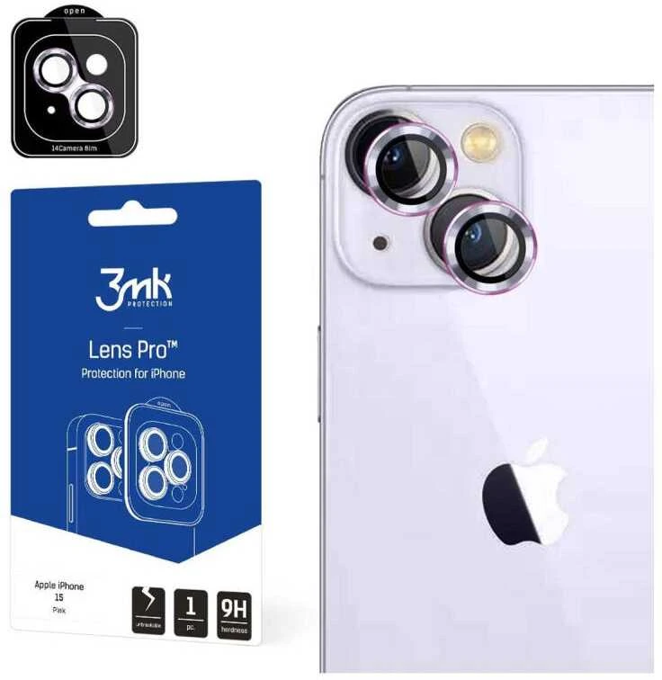 Apsauginis stiklas telefono kamerai Apple iPhone 15 3MK Lens Protection Pro rožinės spalvos