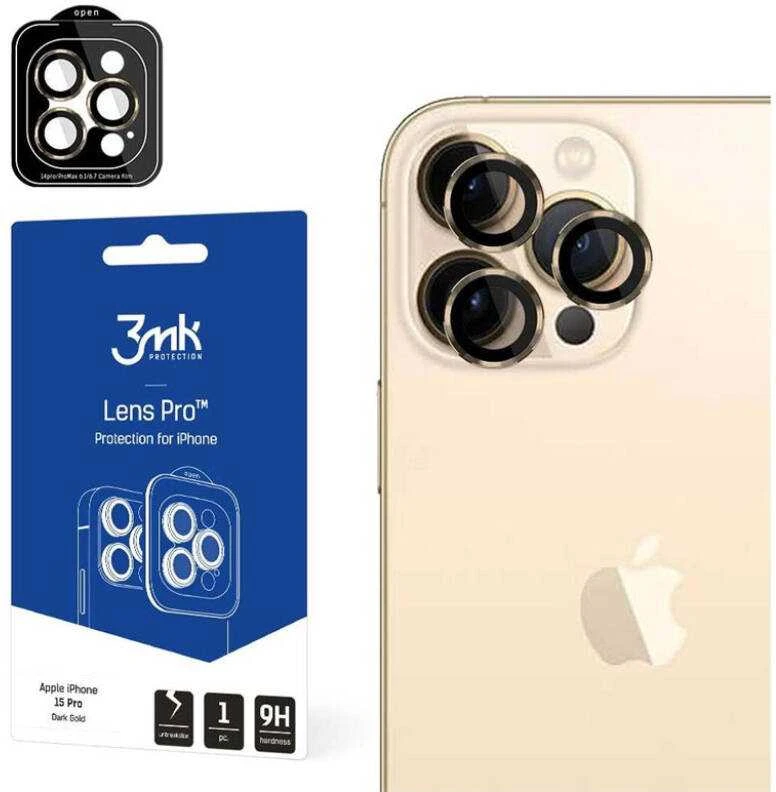 3MK objektyvo apsauga „Apple iPhone 15 Pro 6.1“ tamsi auksinis Kameros objektyvo apsauga su tvirtinimu