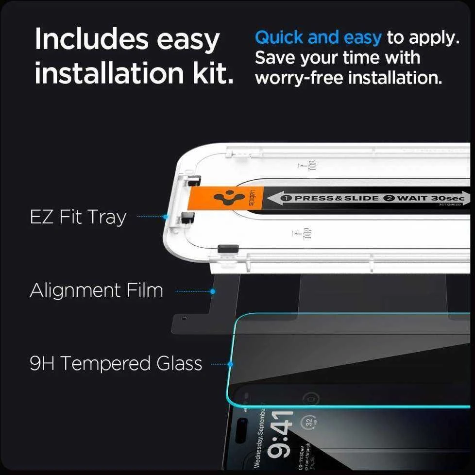 Apsauginis stiklas telefonui Apple iPhone 15 Spigen Glas.tr „EZ Fit” Privacy 2-pack
