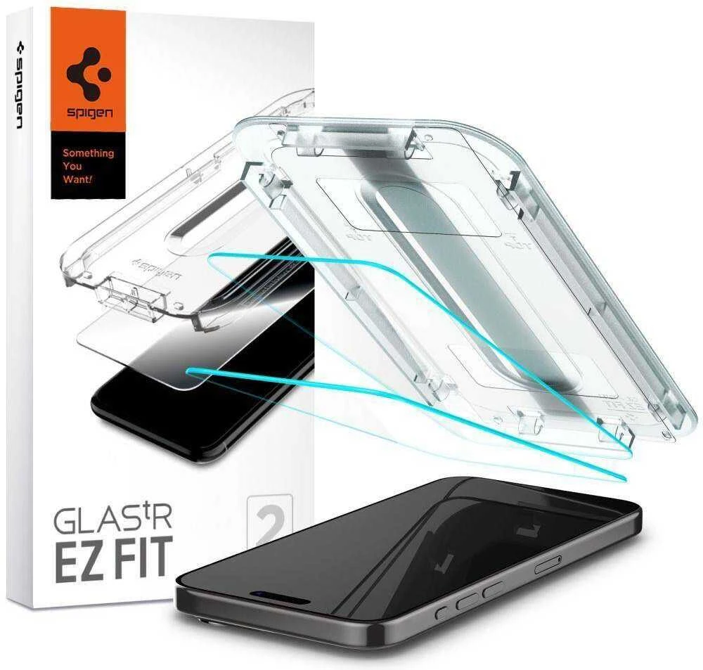 Apsauginis stiklas telefonui Apple iPhone 15 Pro Max Spigen Glas.tr „EZ Fit” 2 vnt. skaidrus