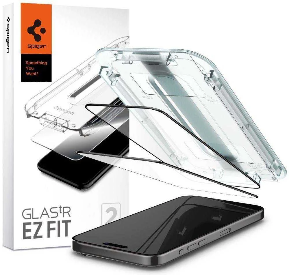 Apsauginis stiklas telefonui Apple iPhone 15 Pro Max Spigen Glas.tr „EZ Fit” FC 2-pack juodos spalvos krašteliu