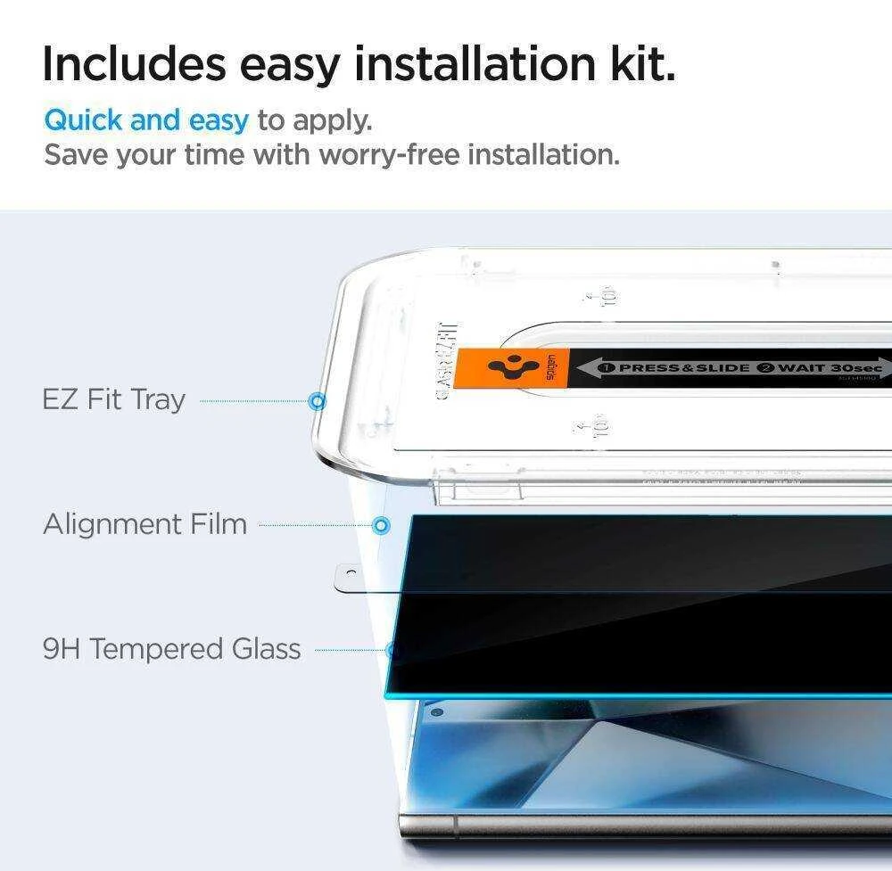 Apsauginis stiklas telefonui Samsung Galaxy S24 Ultra Spigen Glas.tr „EZ Fit” Privacy, 2 vnt.