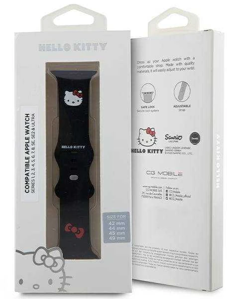Hello Kitty apyrankė HKAWLSCHBLK Apple Watch 42/44/45/49mm juodos spalvos apyrankė Silicone Kitty Head