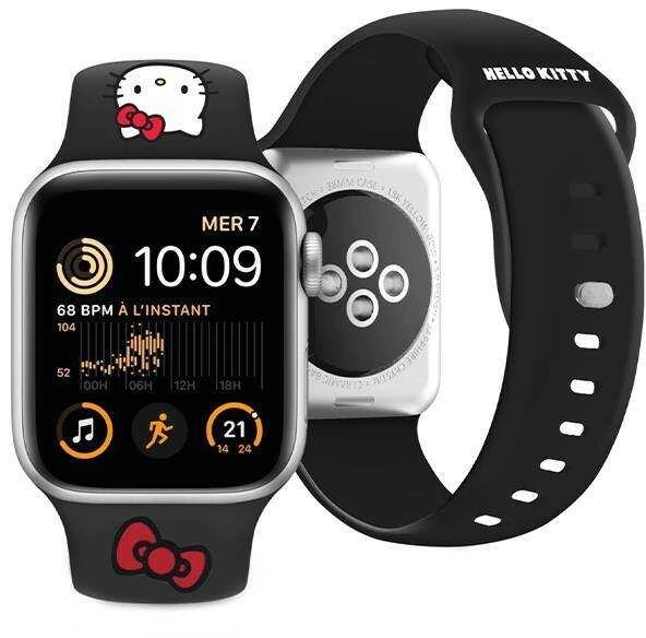 Hello Kitty apyrankė HKAWLSCHBLK Apple Watch 42/44/45/49mm juodos spalvos apyrankė Silicone Kitty Head