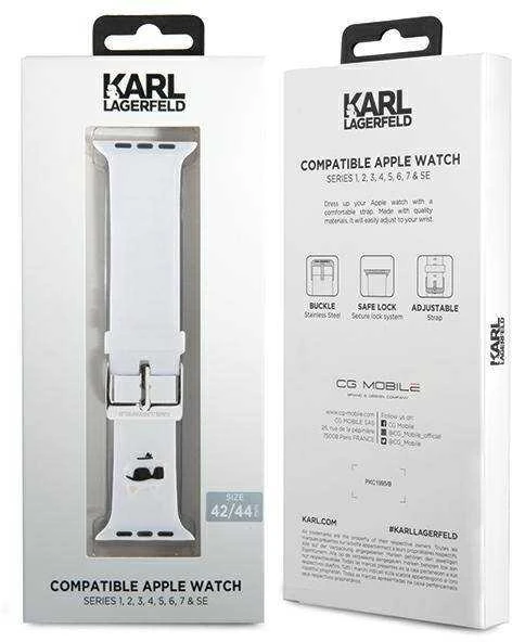 Karl Lagerfeld apyrankė KLAWLSLCNH Apple Watch 42/44/45/49mm baltos spalvos apyrankė 3D Rubber Choupette Head
