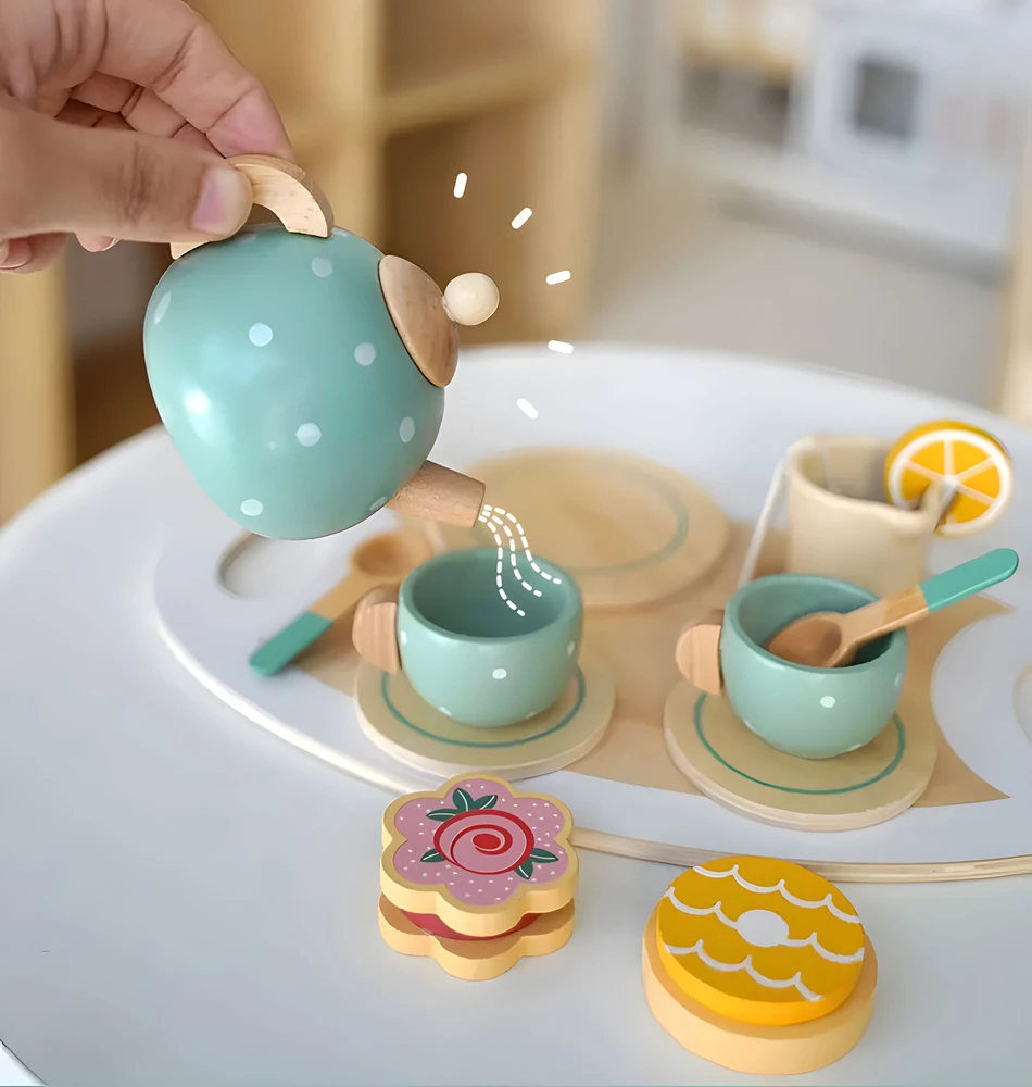 Ecotoys Arbatos ir kavos servizas su kavos puodeliais arbatinukas padėklas lėkštė