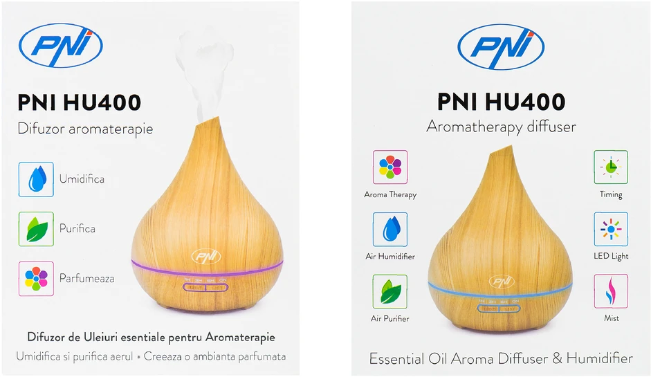 Drėkintuvas Aromaterapinis difuzorius PNI HU400 eteriniams aliejams, ultragarsinis, 400 ml, laikmatis, 7 LED spalvos, automatinis išsijungimas, medžio imitacijos apšvietimas