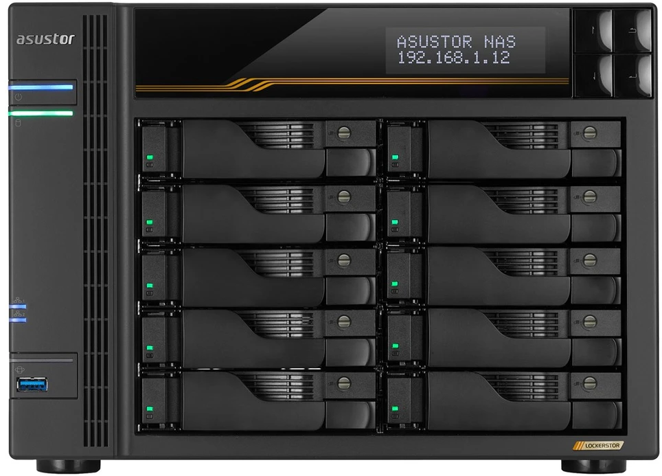 Serveris „Asustor AS6810T NAS“; bokšto tipo; 10 vnt. (3,5 colio SATA HDD / 2,5 colio SSD); AMD Ryzen Embedded V3C14; 16G ECC DDR5 SODIMM (maks. 64 GB), 2 vnt. 10 GbE, 2 vnt. 5 GbE, 4 vnt. M.2 2280 NVMe PCIe 4.0, 2 vnt. USB4, 2 vnt. USB 3.2 Gen, 1 vnt. pasirenkama 10 GbE plokštė
