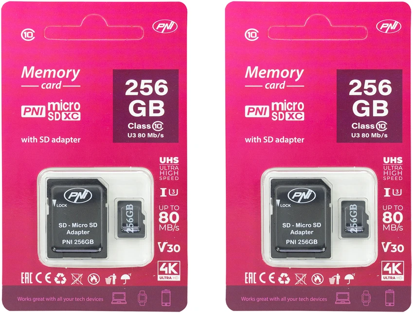Atminties kortelė 2 dalių PNI 256GB MicroSD atminties kortelių rinkinys su Class 10 SD adapteriu, 80 Mb/s, V30