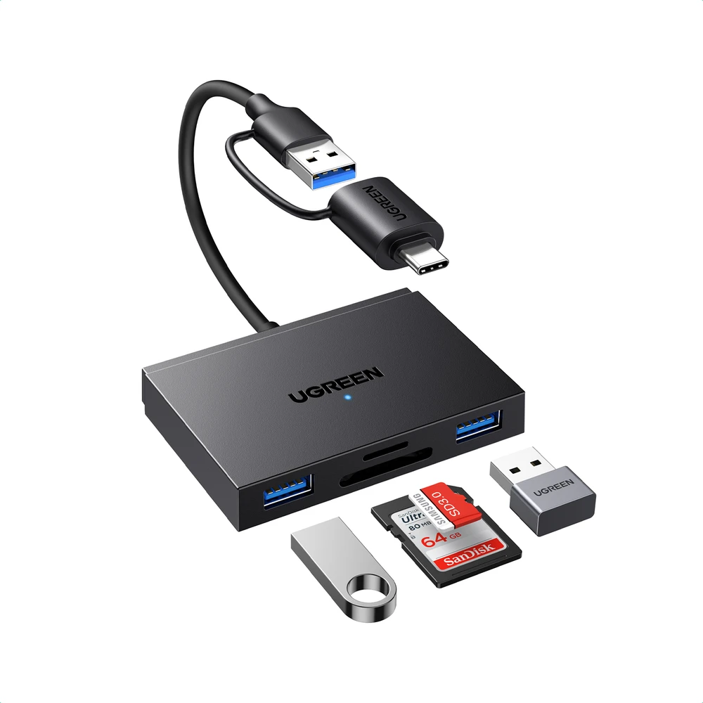 Ugreen Atminties kortelių Micro SD, SD skaitytuvas USB 3.0/USB-C OTG su 2xUSB-A prievadais