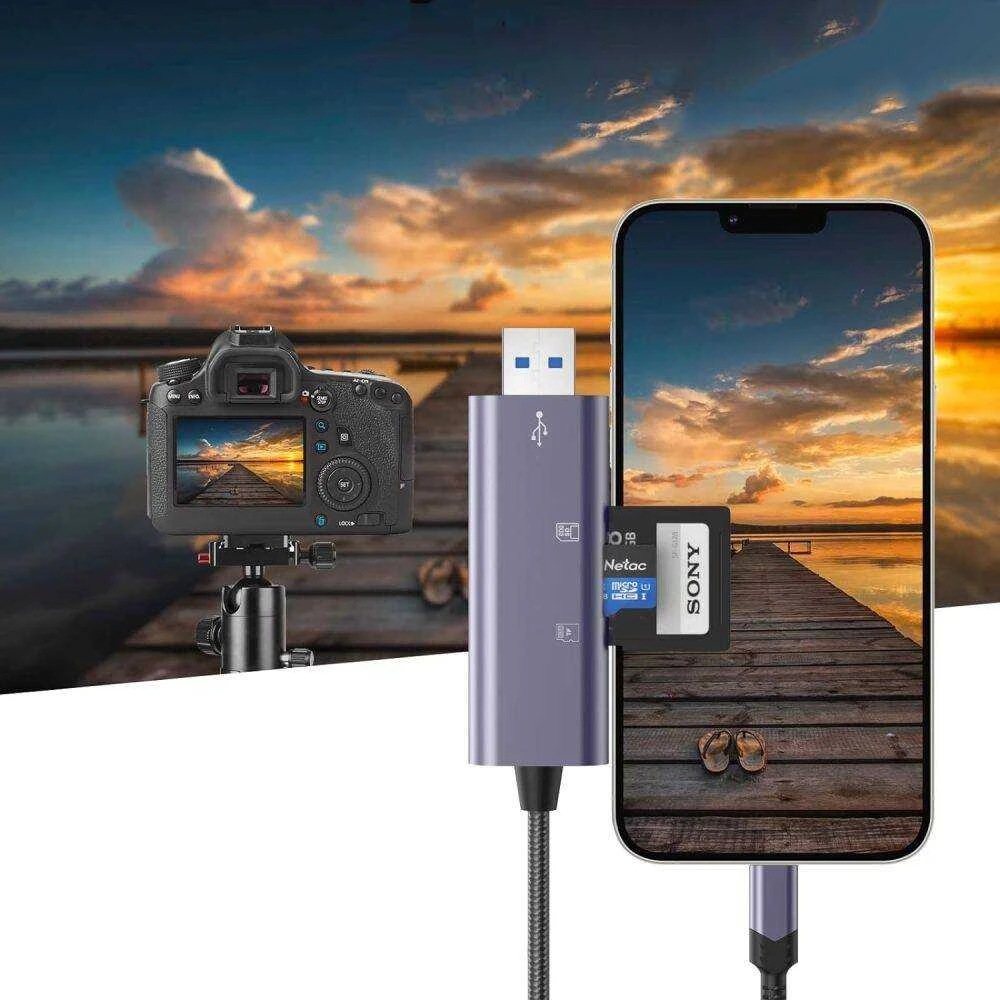 Atminties kortelių skaitytuvas SD + Micro SD Lightning + USB Tech-Protect UltraBoost pilkos spalvos