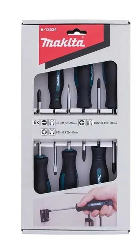 Makita Atsuktuvų rinkinys 6 vnt, PH1x100, PH2x100, PZ1x80, PZ2x100, SL4.0x100, SL5.5x100, E-13524