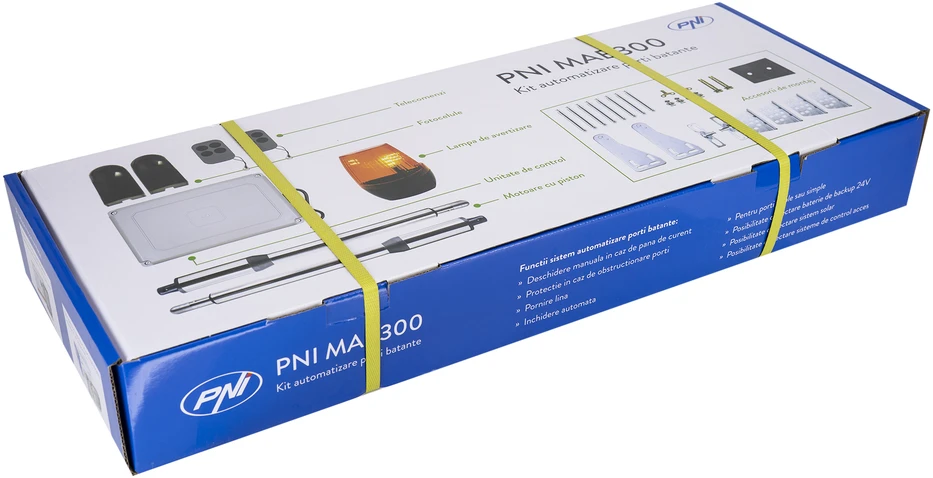 Atveriamų vartų automatikos komplektas PNI MAB300, su 2 40W varikliais, nuotolinio valdymo pulteliais ir valdymo bloku, fotoelementais ir signaline lempa, vartų ilgis iki 2 x 2.5m, vartų svoris 200kg