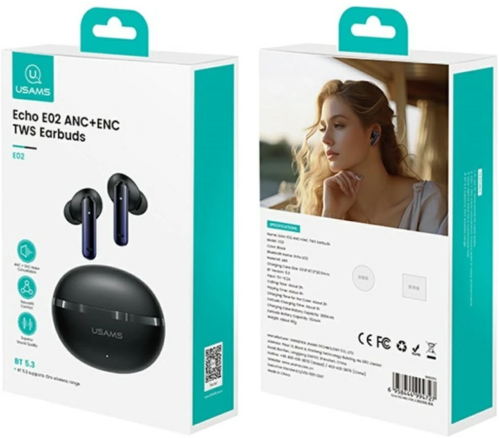 Ausinės Bluetooth USAMS Echo E02 TWS ANC+ENC belaidės juodos spalvos