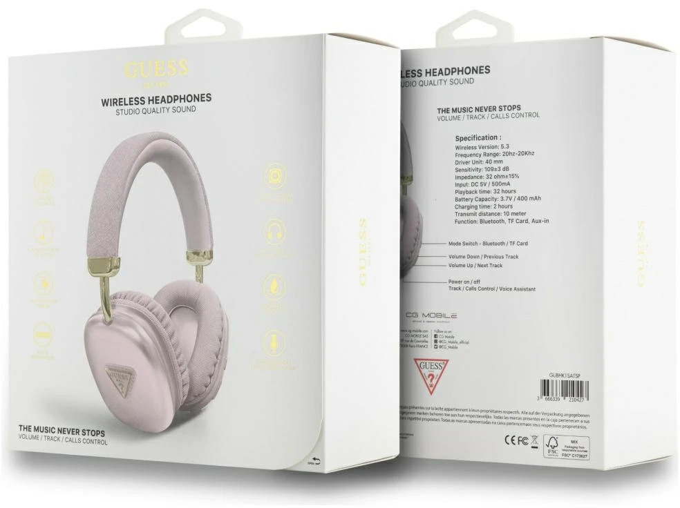 Ausinės Guess Bluetooth 5.3 Metallic Triangle Logo rožinės