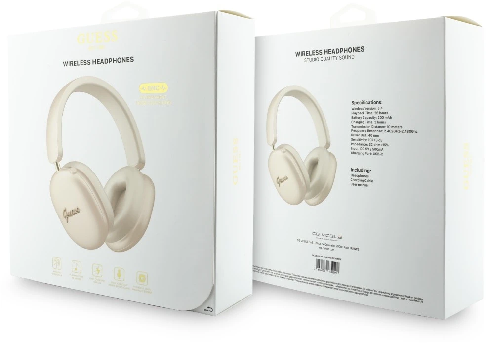 Ausinės Guess Metallic Effect Metal Script Logo Bluetooth ENC smėlio spalvos