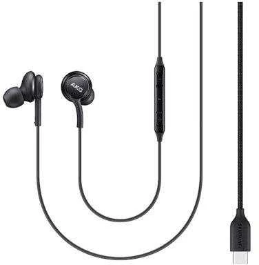 Juodos Samsung AKG ausinės su USB-C jungtimi ir pulteliu