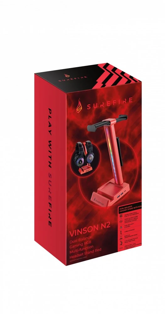 Stojak na ausinės SureFire Vinson N2 Dual Balance Gaming RGB MF 2xUSB 3.0 USB-C Raudona