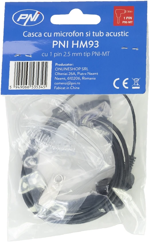 Ausinės su mikrofonu ir akustiniu vamzdeliu PNI HM93 su 1 kaiščio 2.5mm jungtimi PNI-MT